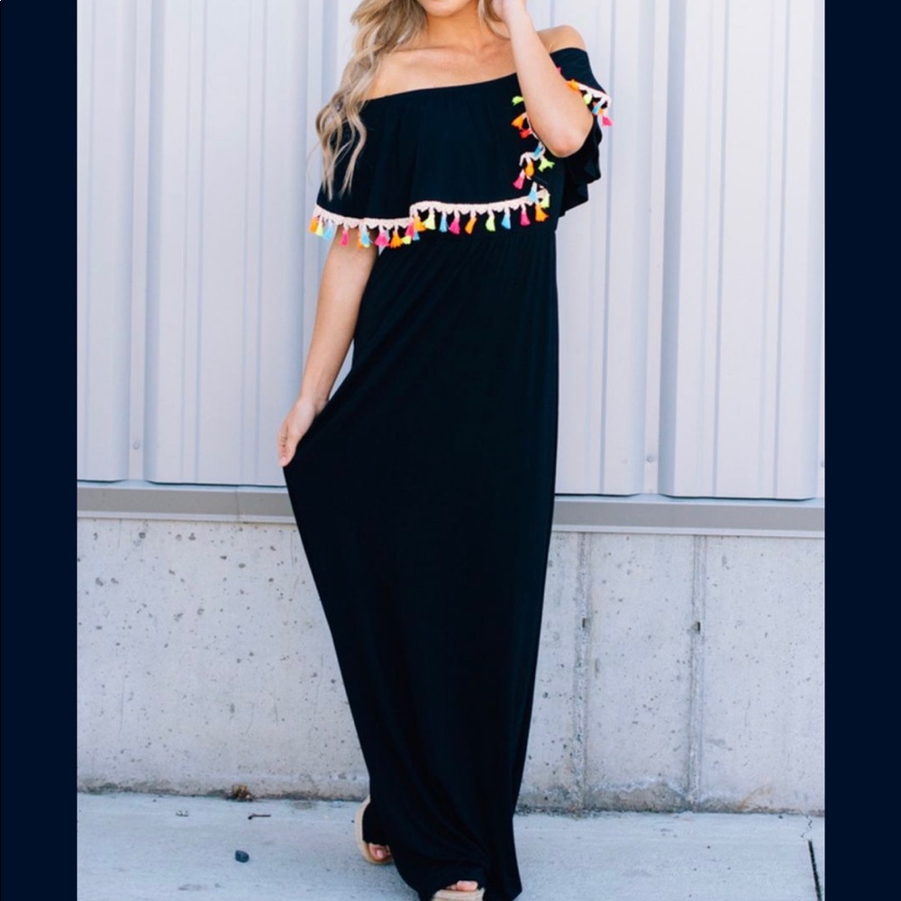 Black Off The Shoulder Dress w/ Colorful Tassels
